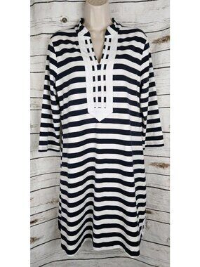 Duffield Lane Navy Striped Knit Dress L Cotton Blend 3/4 Sleeves Nautical